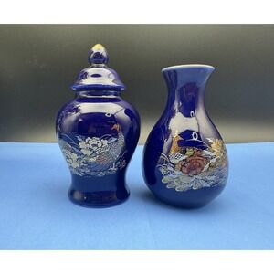 Japanese Cobalt Blue Mini Vase & Ginger Jar Peacock & Floral Gold (Set Of 2)